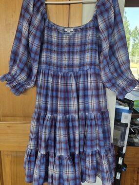 Plaid Smocked Babydoll Plaid Mini Dress with Puff Sleeves